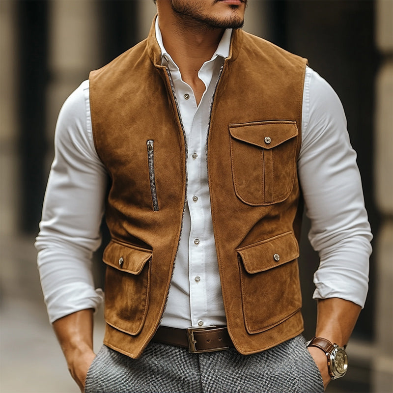 Men's Vintage Suede Stand Collar Zipper Multi-Pocket Vest 9899737284792