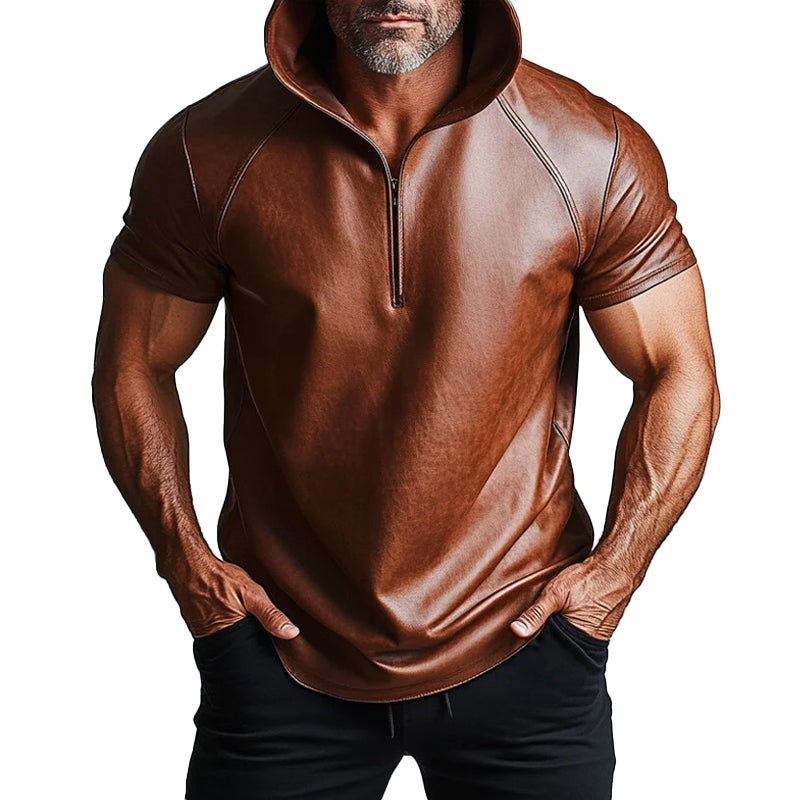 Men's PU Leather Solid Short Sleeve Half Zip Hoodie 9899607687352