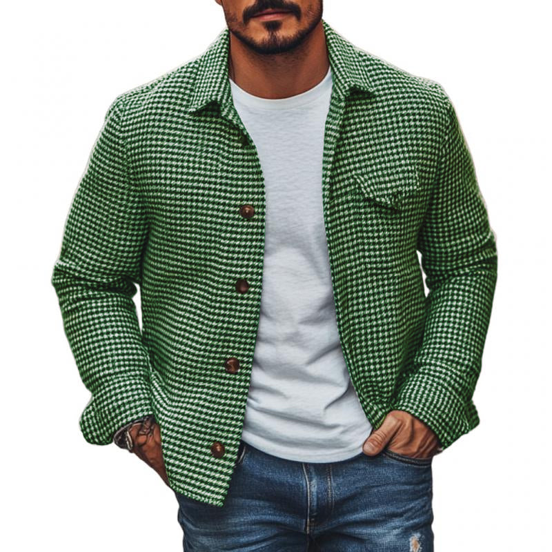 Men's Vintage Houndstooth Lapel Single Breasted Shirt Jacket 9261078708408