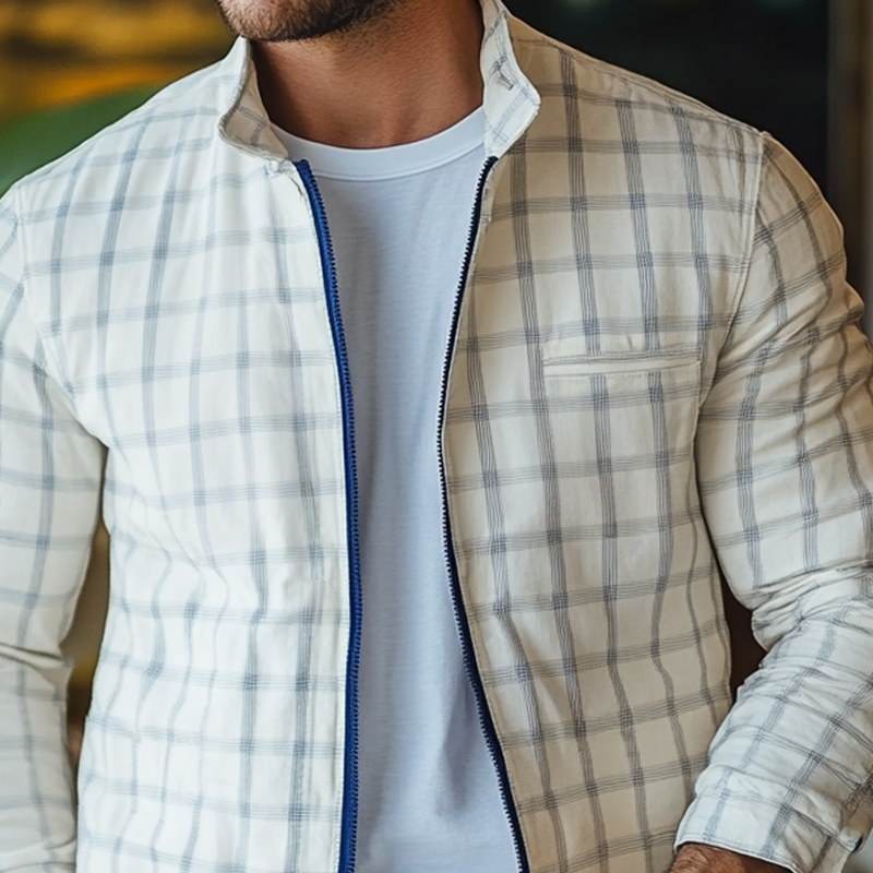 Men's Spring And Summer Plaid Stand Collar Zipper Jacket 9918990713016