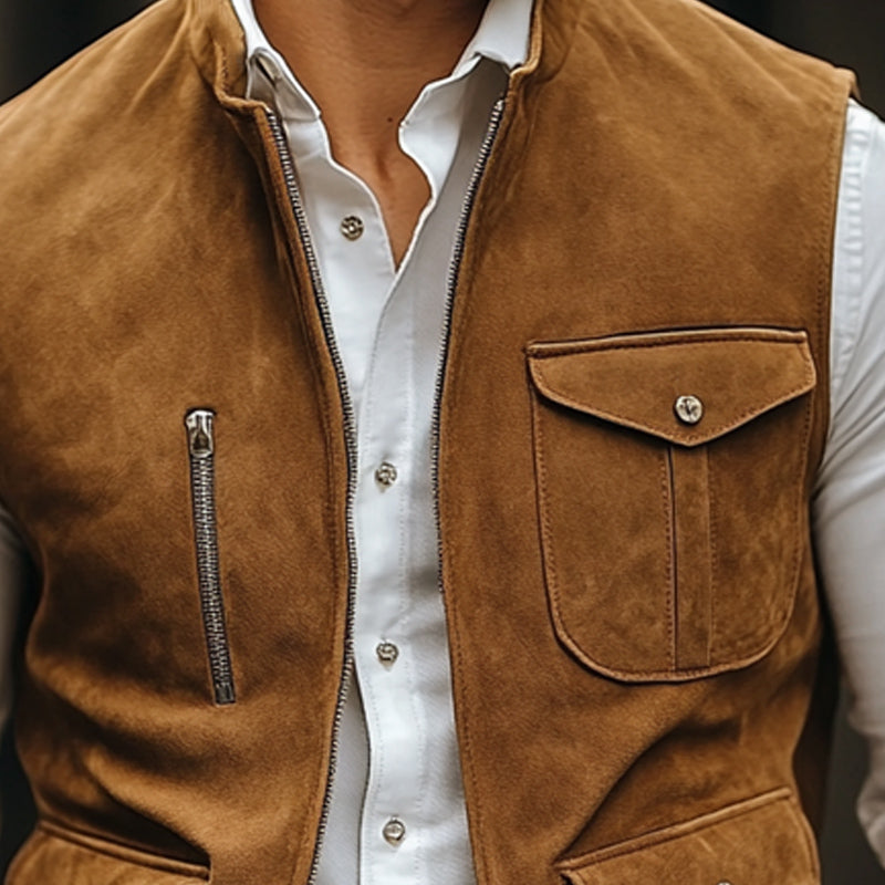Men's Vintage Suede Stand Collar Zipper Multi-Pocket Vest 9899737284792