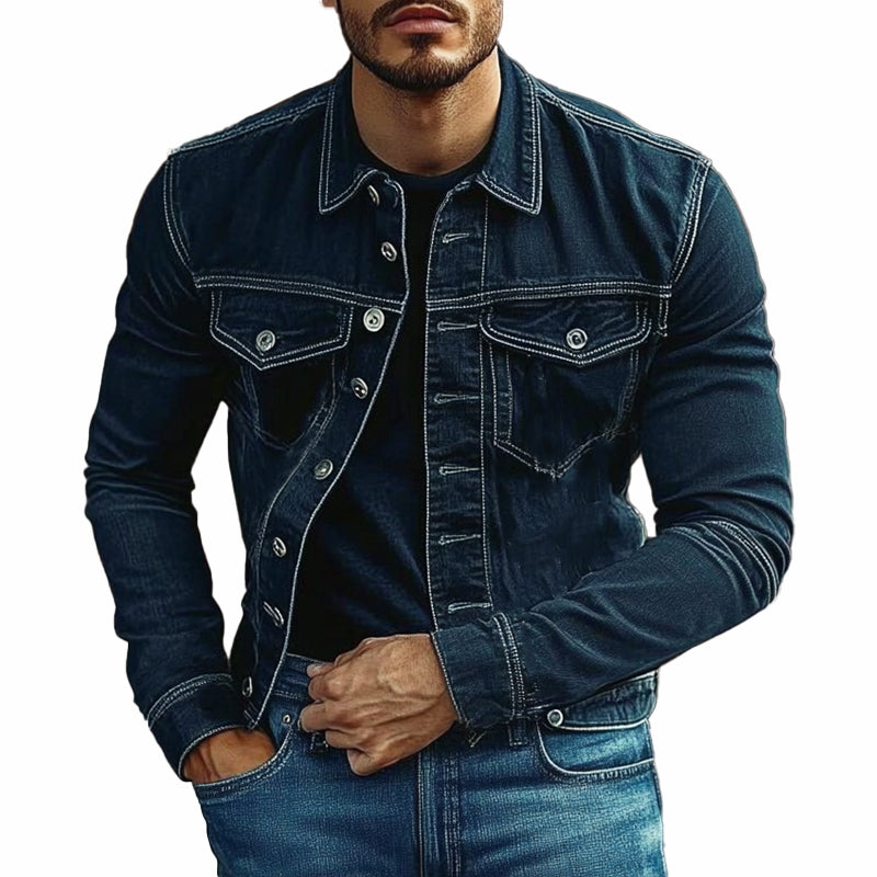 Men's Solid Color Lapel Single Breasted Denim Jacket 9909011022008
