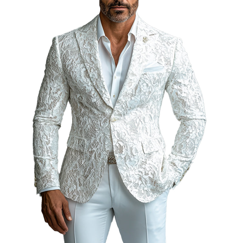 Men's Lace Floral Peak Lapel One Button Long Sleeve Blazer 9903587033272