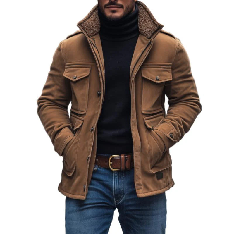 Men's Vintage Suede Fleece Collar Patchwork Multi-Pocket Zipper Coat 9261101252792