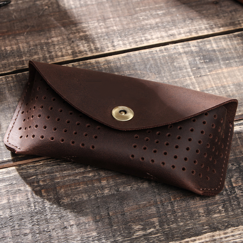 Men's Portable Top Layer Cowhide Hollow Glasses Storage Bag 9901318602936