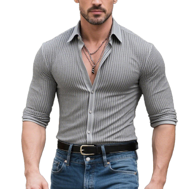 Men's Solid Color Striped Lapel Long Sleeve Shirt 9261775323320