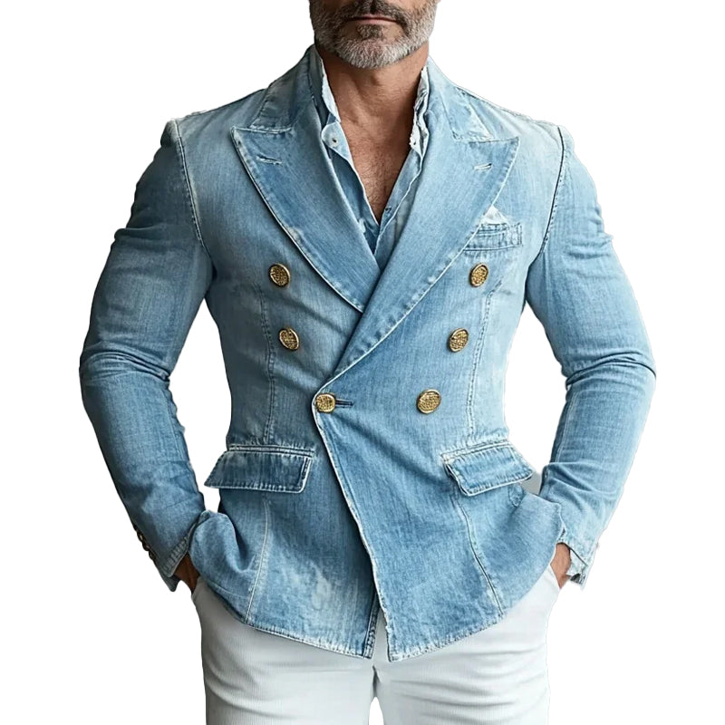 Men's Peak Lapel Double Breasted Long Sleeve Washed Denim Blazer 9899607720120