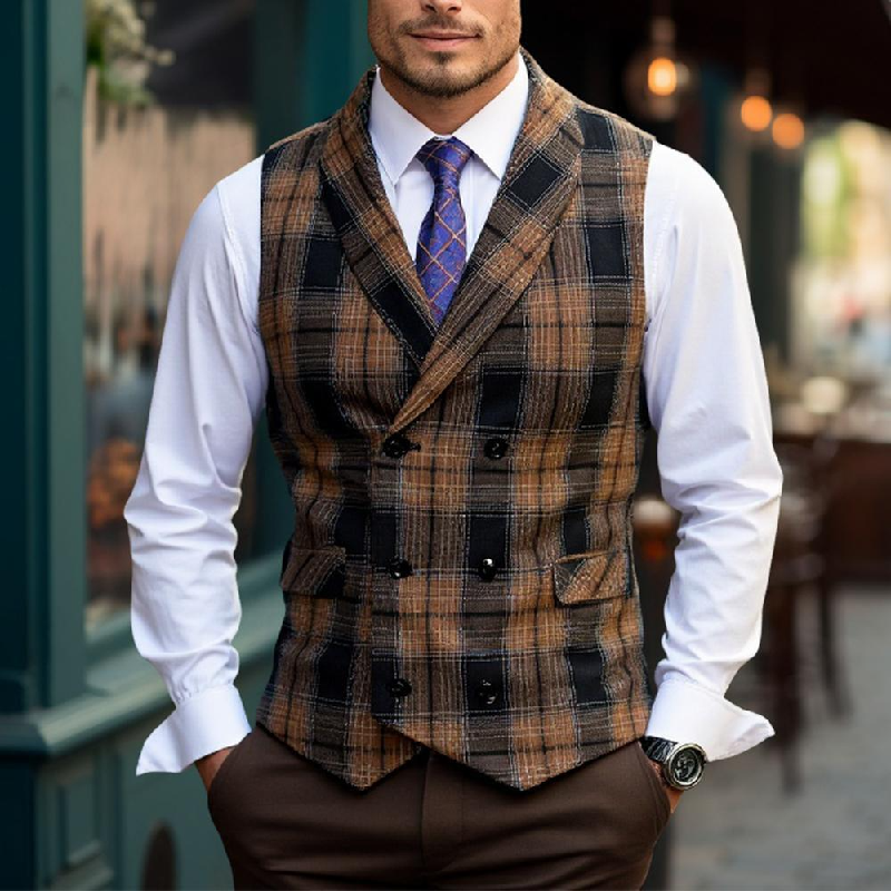 Men's Vintage Checkered Lapel Double-breasted Vest (shirt Not Included) 9906104434872