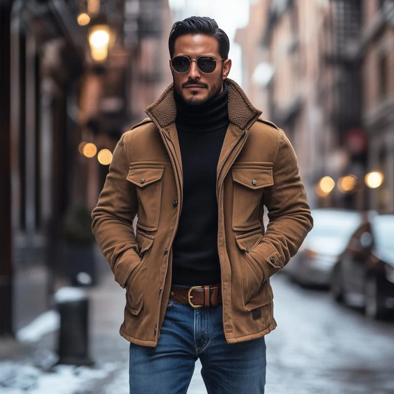 Men's Vintage Suede Fleece Collar Patchwork Multi-Pocket Zipper Coat 9261101252792
