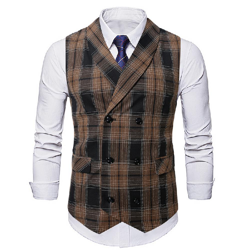 Men's Vintage Checkered Lapel Double-breasted Vest (shirt Not Included) 9906104434872