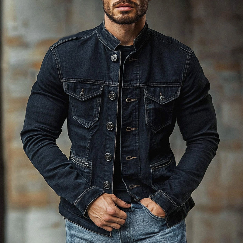 Men's Stand Collar Multi-pocket Denim Jacket 9909011415224