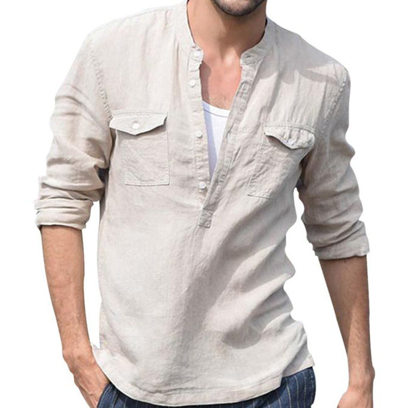 Men's Casual Cotton and Linen Button Collar Solid Color Long Sleeve T-Shirt 9892385882296