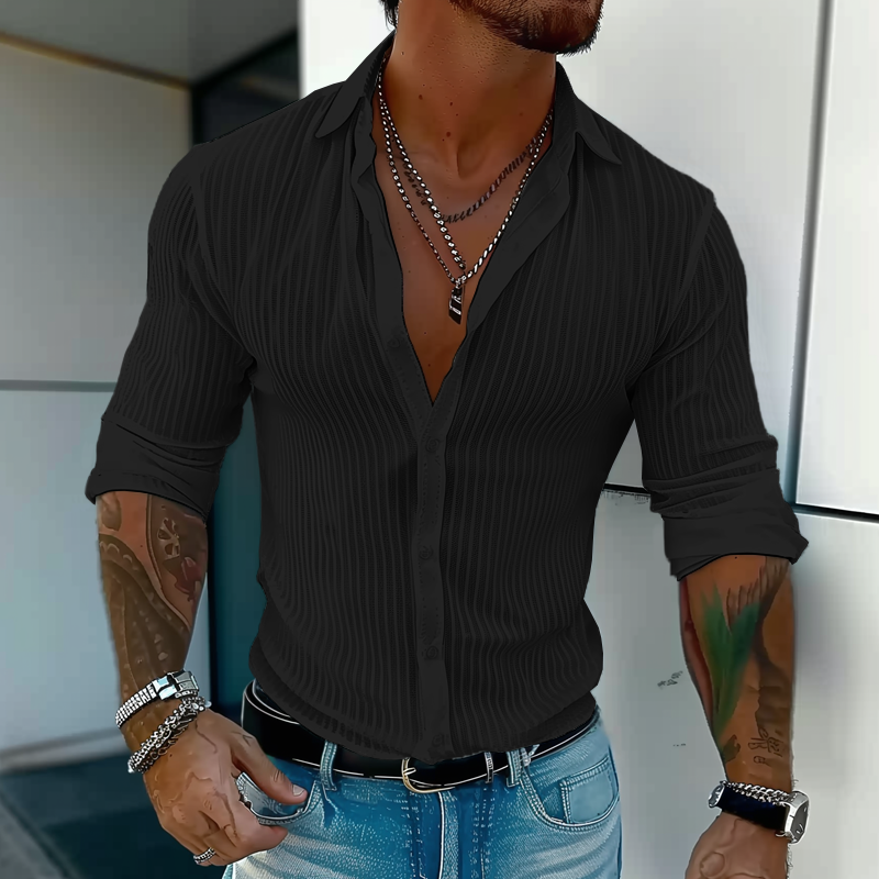 Men's Solid Color Striped Lapel Long Sleeve Shirt 9261775323320