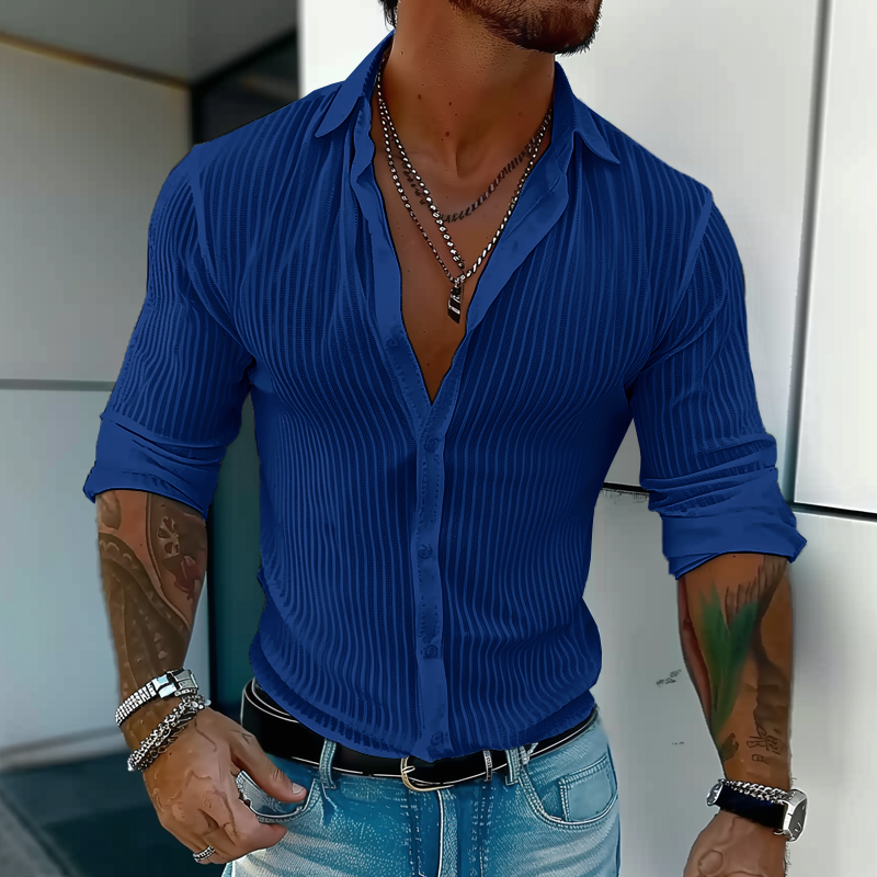 Men's Solid Color Striped Lapel Long Sleeve Shirt 9261775323320