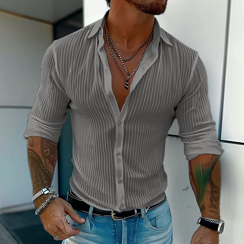 Men's Solid Color Striped Lapel Long Sleeve Shirt 9261775323320