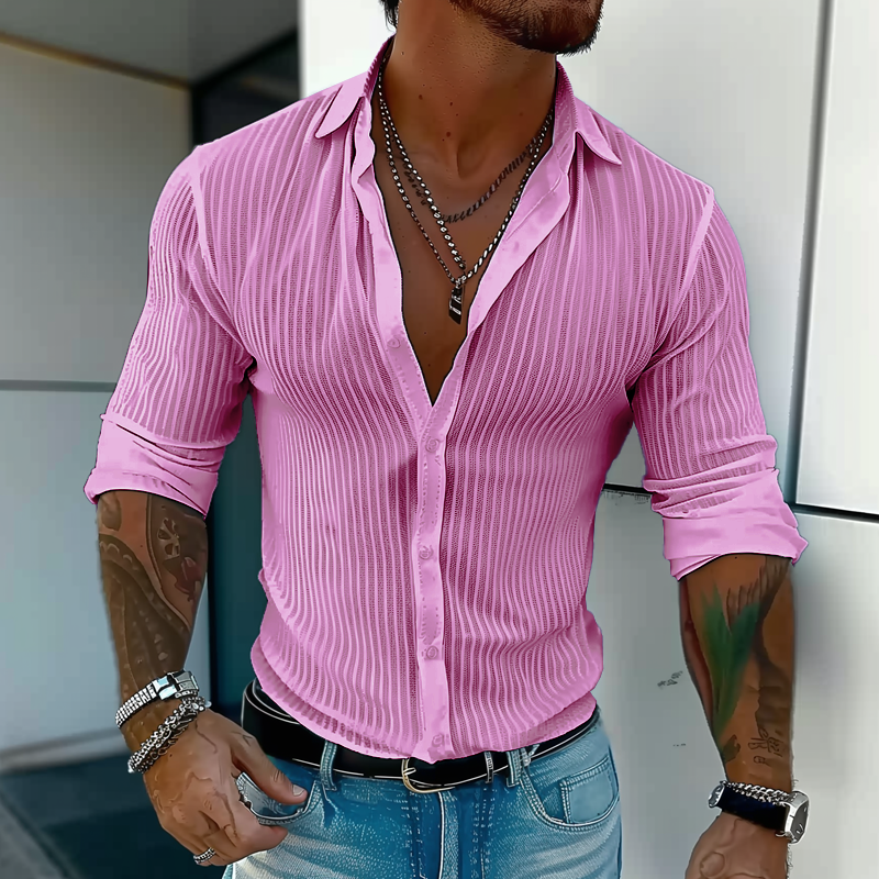 Men's Solid Color Striped Lapel Long Sleeve Shirt 9261775323320