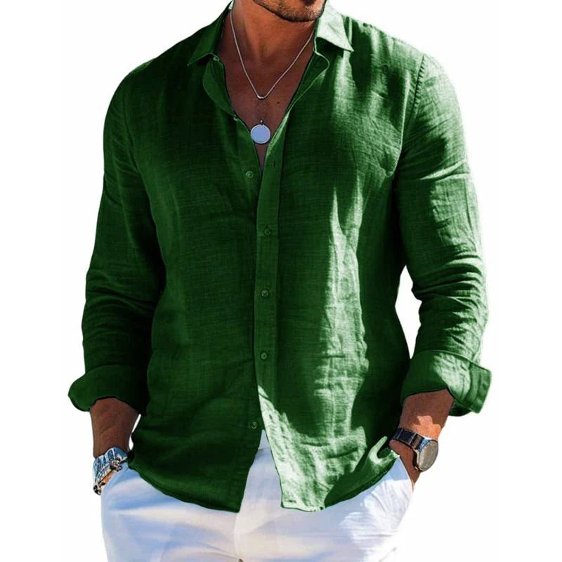 Men's Cotton and Linen Casual Solid Color Lapel Shirt 9261774962872
