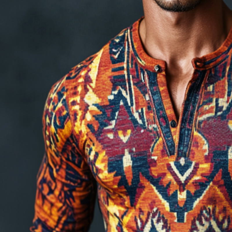 Men's Retro Casual Ethnic Style Geometric Print Henley Collar Long Sleeve T-Shirt 9899720016056