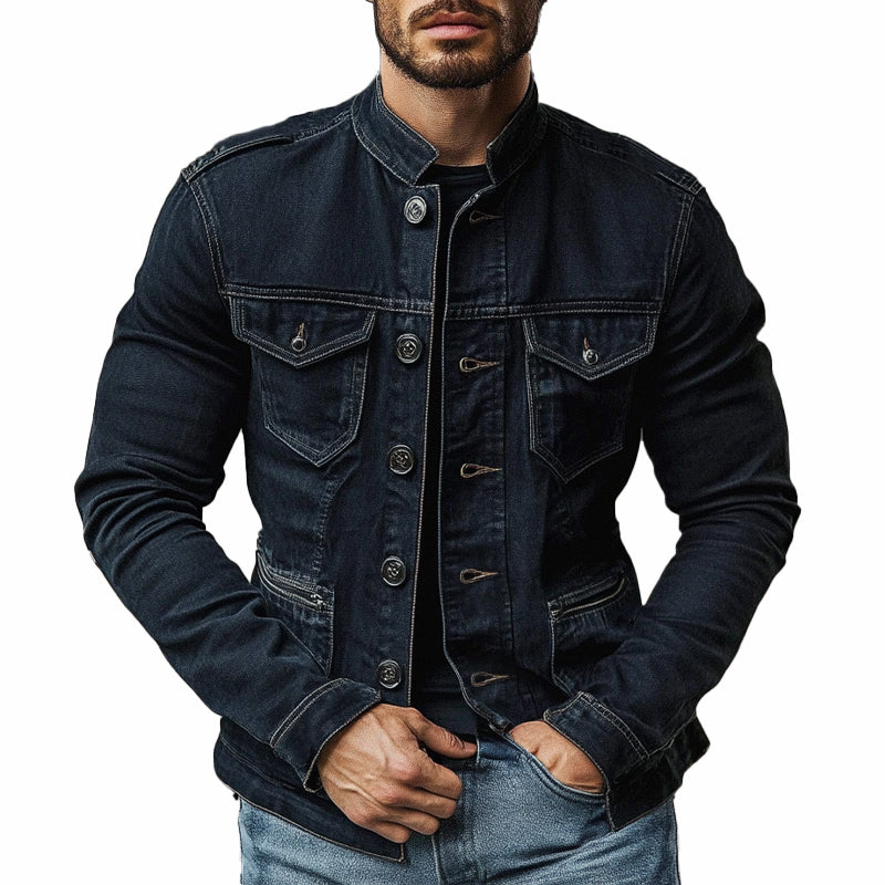 Men's Stand Collar Multi-pocket Denim Jacket 9909011415224