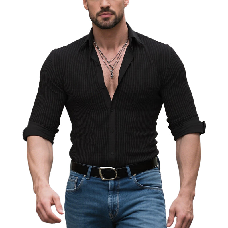 Men's Solid Color Striped Lapel Long Sleeve Shirt 9261775323320