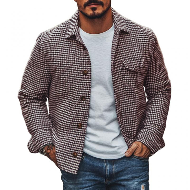 Men's Vintage Houndstooth Lapel Single Breasted Shirt Jacket 9261078708408