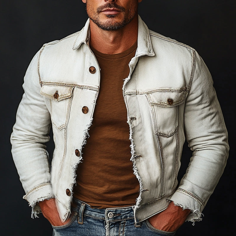 Men's Vintage White Brushed Distressed Denim Jacket 9912946852024
