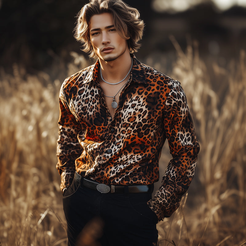 Men's Casual Vintage Leopard Print Long Sleeve Shirt 9905396613304