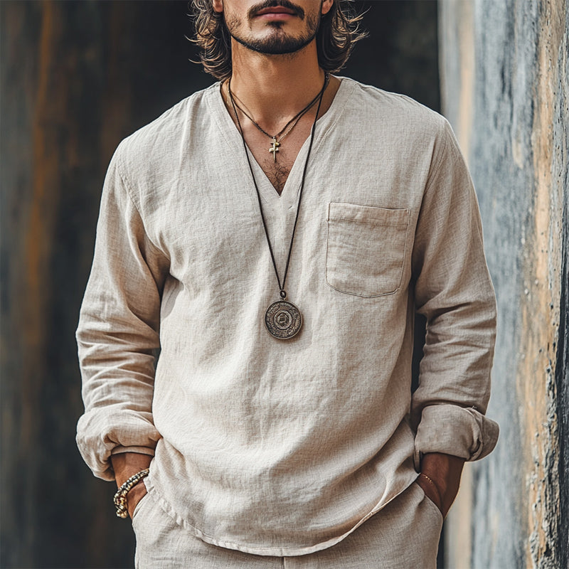 Men's Skin-friendly Casual Cotton and Linen V-neck Long-sleeved T-shirt 9892385751224