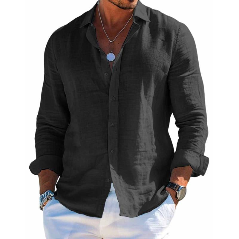 Men's Cotton and Linen Casual Solid Color Lapel Shirt 9261774962872