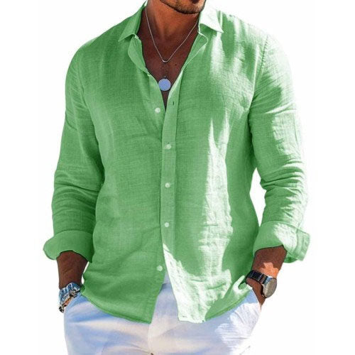 Men's Cotton and Linen Casual Solid Color Lapel Shirt 9261774962872