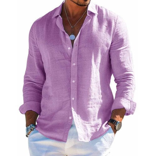 Men's Cotton and Linen Casual Solid Color Lapel Shirt 9261774962872