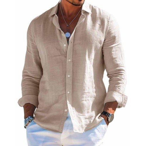 Men's Cotton and Linen Casual Solid Color Lapel Shirt 9261774962872