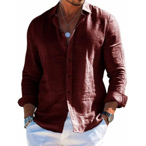 Men's Cotton and Linen Casual Solid Color Lapel Shirt 9261774962872