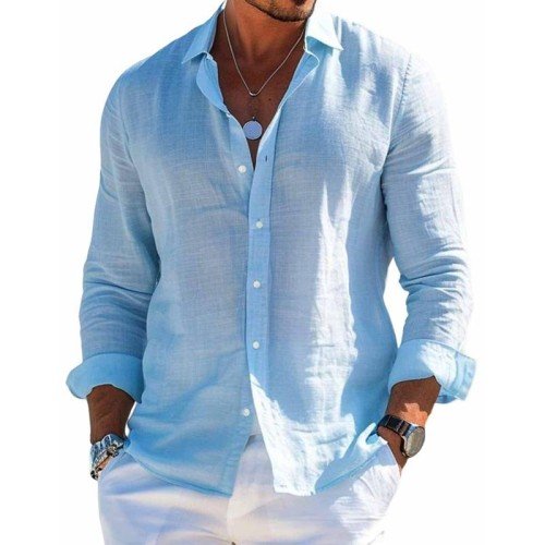 Men's Cotton and Linen Casual Solid Color Lapel Shirt 9261774962872