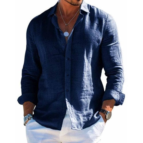Men's Cotton and Linen Casual Solid Color Lapel Shirt 9261774962872