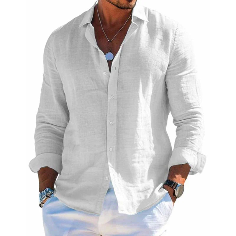 Men's Cotton and Linen Casual Solid Color Lapel Shirt 9261774962872