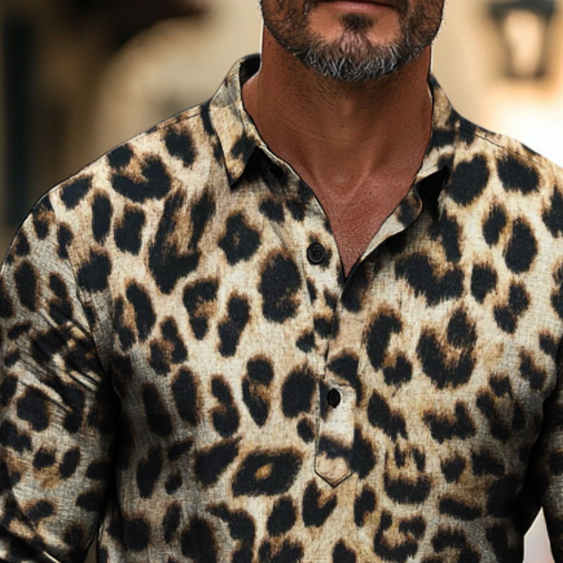Men's Retro Casual Leopard Print Lapel Long Sleeve Shirt 9903251259576