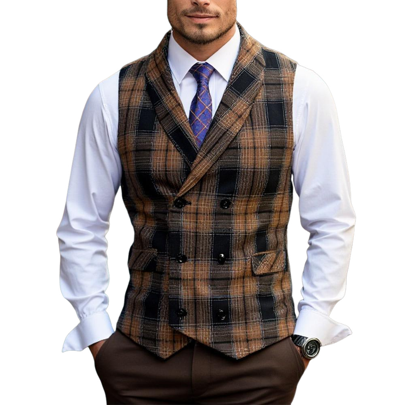 Men's Vintage Checkered Lapel Double-breasted Vest (shirt Not Included) 9906104434872