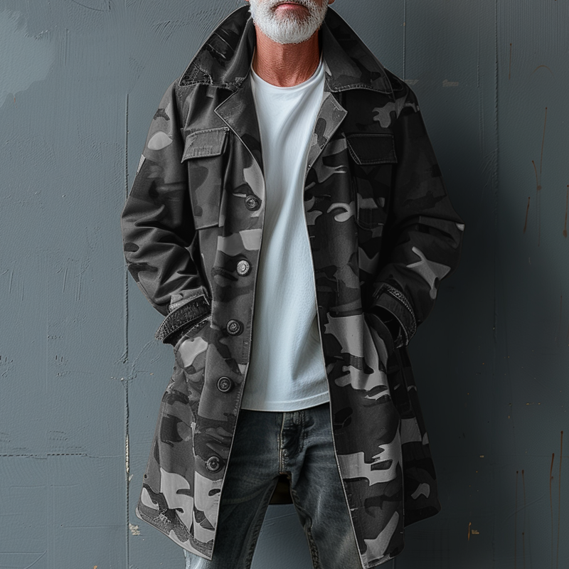 Men's Camouflage Lapel Breast Pocket Single Breasted Mid-length Cargo Trench Coat 9261100368056