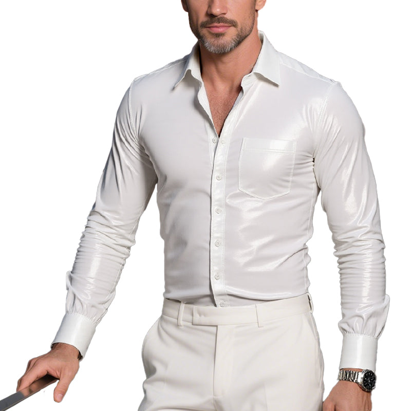 Men's Fashion Lapel Long Sleeve Leather Shirt 9877216035000
