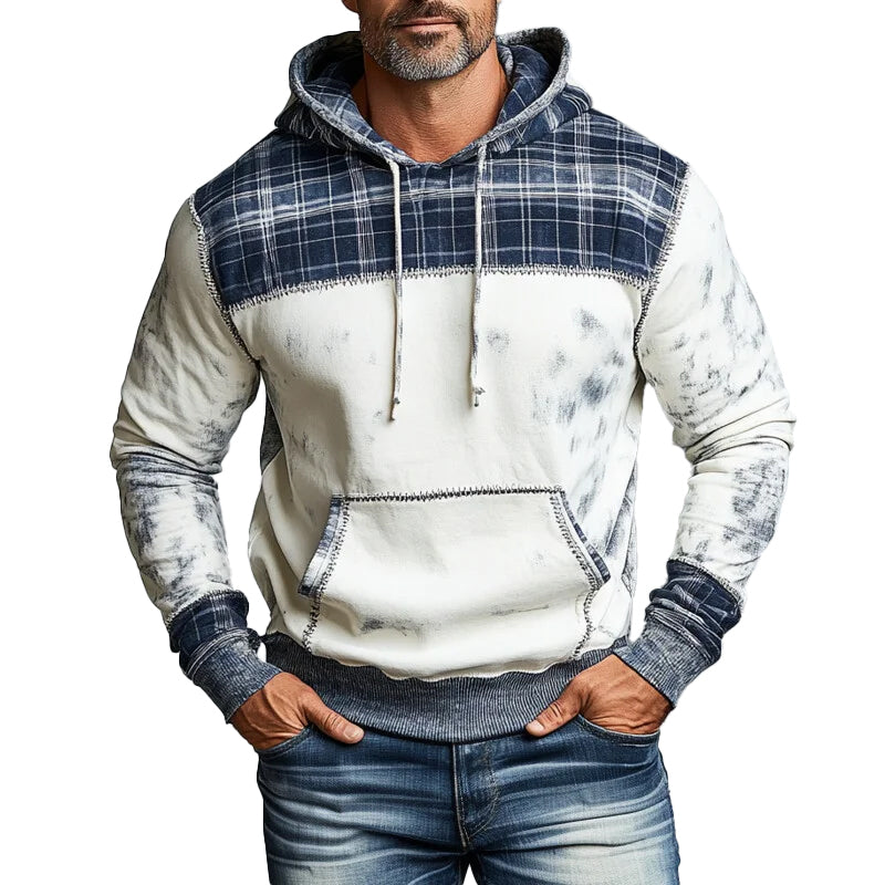 Men's Plaid Patchwork Long Sleeve Drawstring Pocket Distressed Hoodie 9899607982264