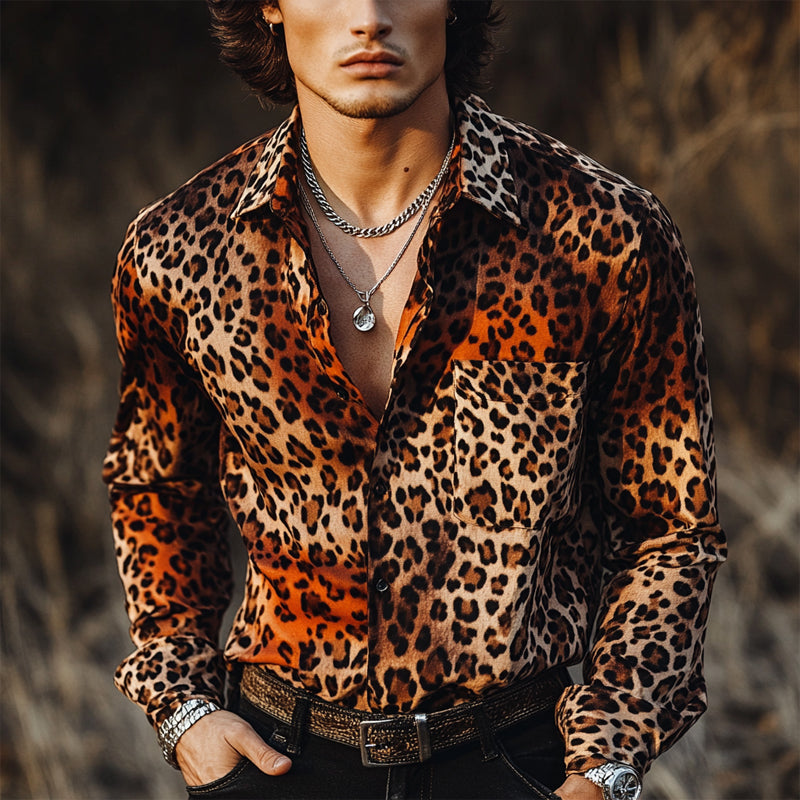 Men's Casual Vintage Leopard Print Long Sleeve Shirt 9905396482232