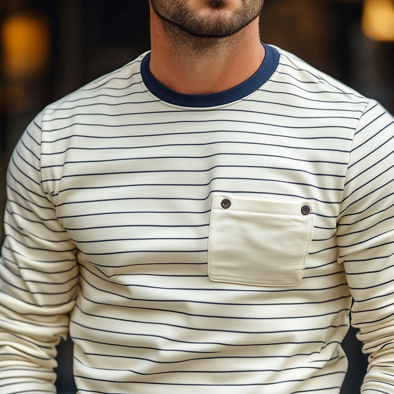 Men's Fashion Striped Round Neck Chest Pocket Long Sleeve T-shirt 9890060566712