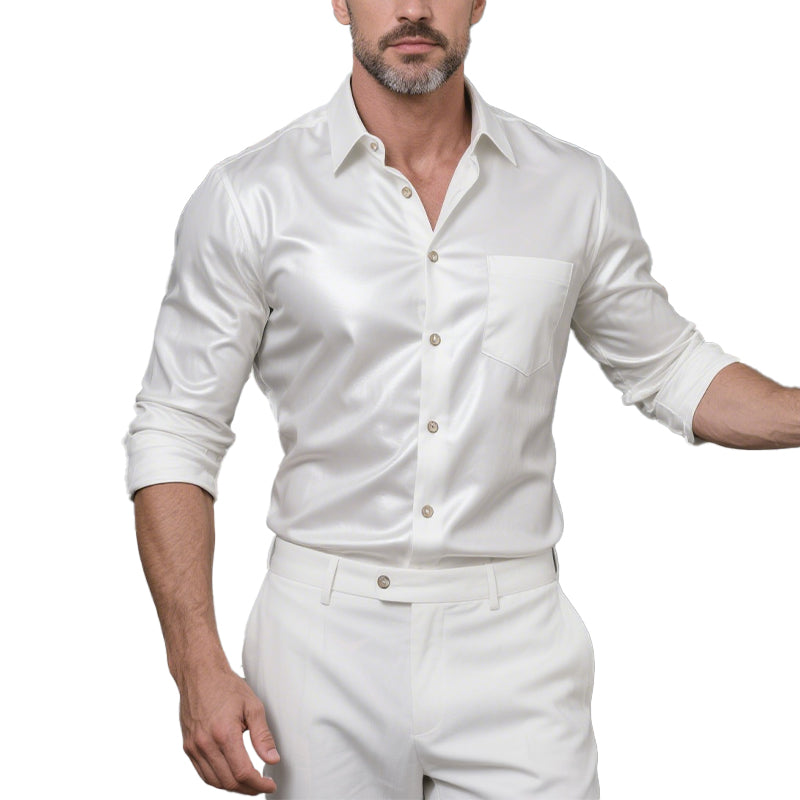 Men's Fashion Lapel Long Sleeve Leather Shirt 9877216035000
