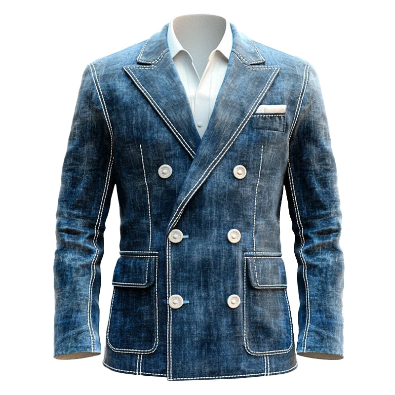 Men's Peak Lapel Double Breasted Denim Contrast Stitch Blazer 9951401181368