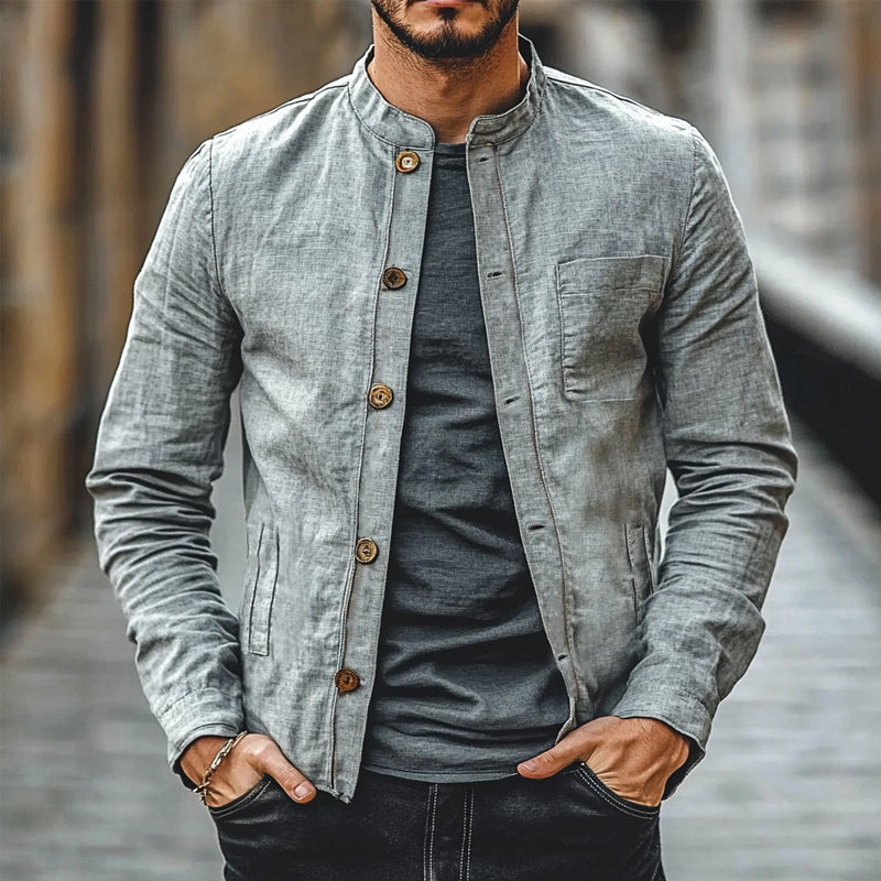 Men's Solid Cotton and Linen Single-breasted Jacket 9906102141112