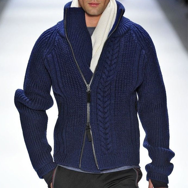 Men's Vintage Navy Stand Collar Zipper Knit Sweater 9891527852216