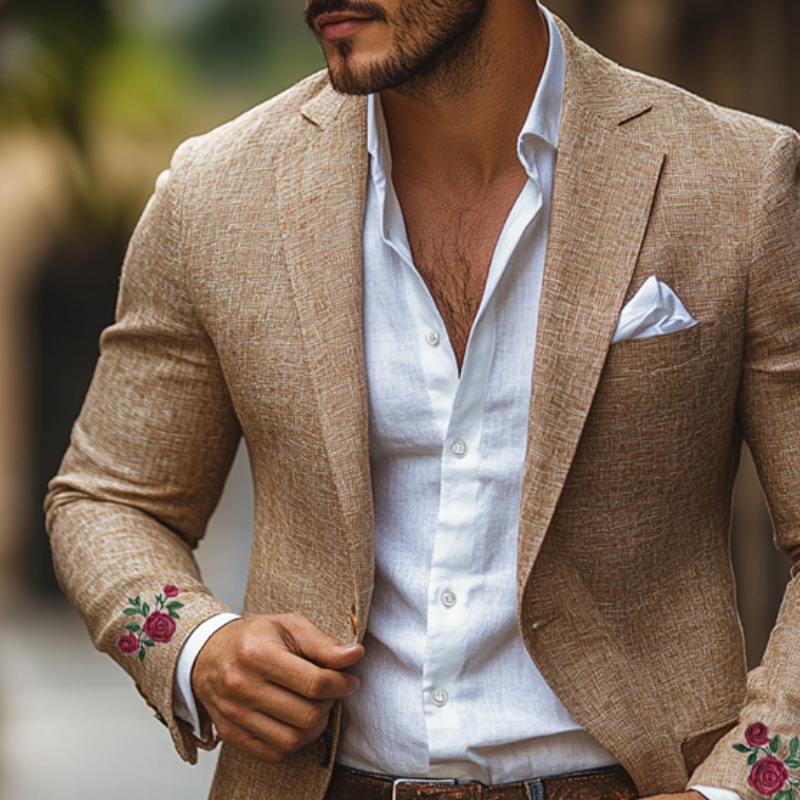 Men's Casual Cuff Rose Embroidery Single-breasted Linen Blazer 9892392042680