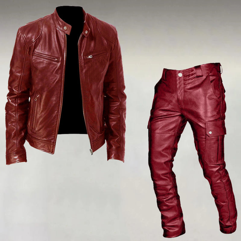 Men's Fashion Casual Stand Collar Zipper PU Leather Jacket & Pocket Pants 2Pcs Set 9888553697464