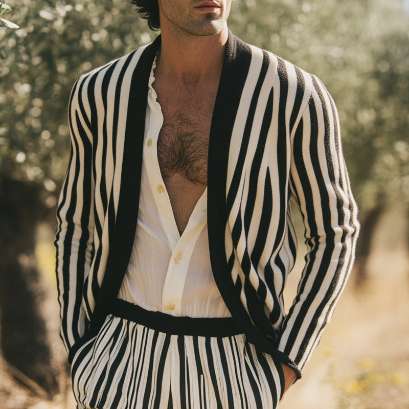 Men's Black and White Vertical Striped Casual Knitted Cardigan 9905396678840